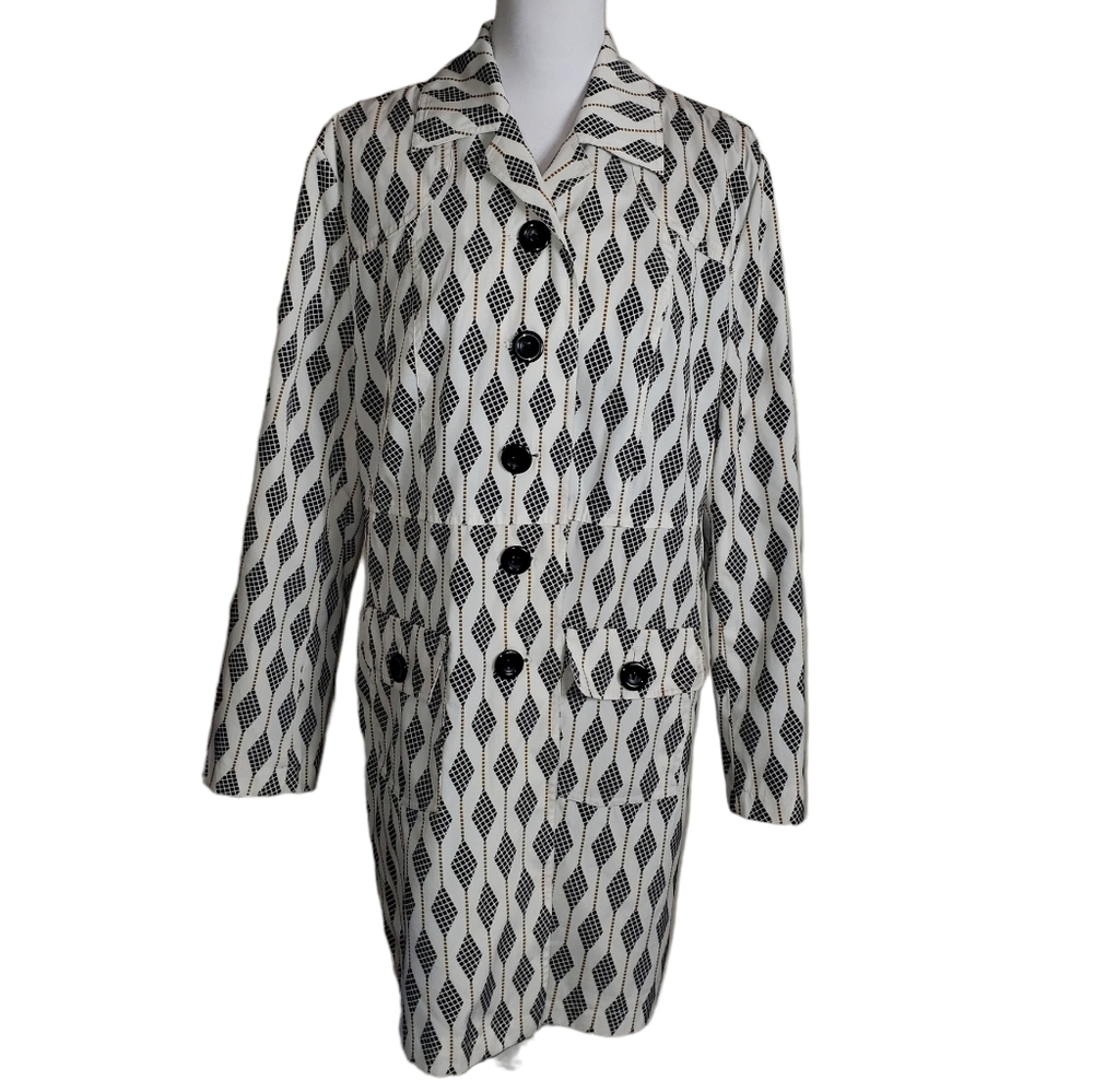 Relativity Geometric Diamond Argyle Print Rain Coat Sz Large Pockets Long Jacket
